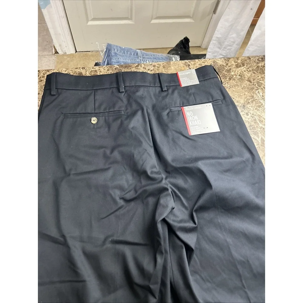 Falls Creek No Iron Khaki Pants 36x32 Mens Black Flat Front Classic Stretch